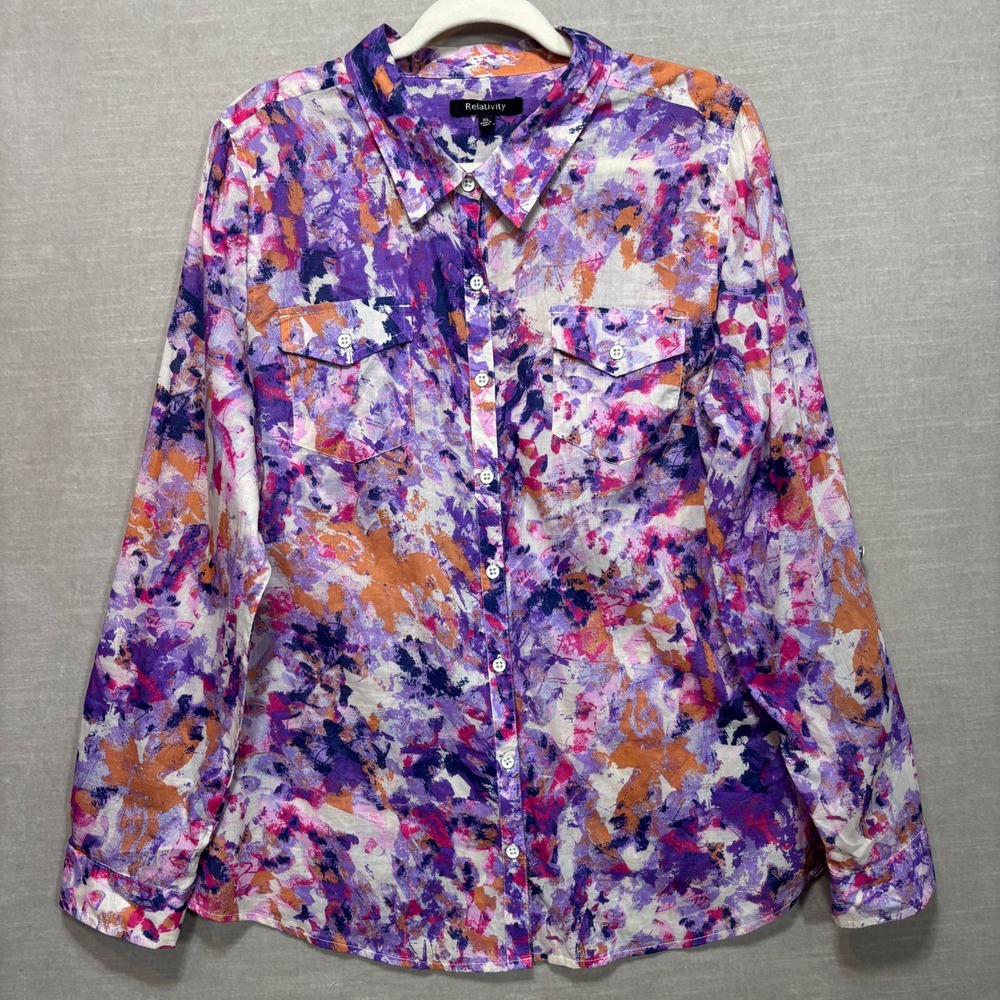 Relativity Womens Abstract Floral Blouse XL Purple Artsy Watercolor Vibrant Chic